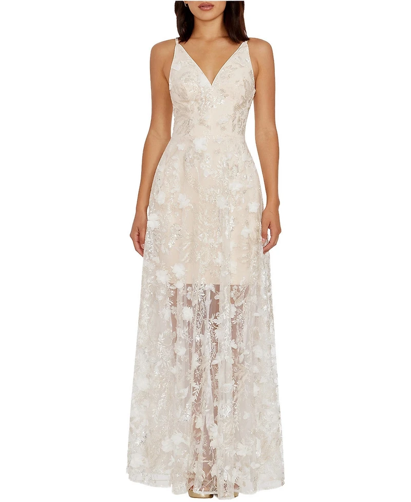 Dress The Population Women's Sidney V-Neck 3D Floral Sequin Sheer Overlay Gown