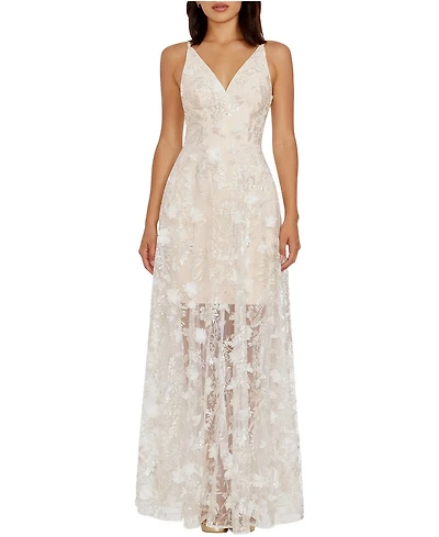 Dress The Population Women's Sidney V-Neck 3D Floral Sequin Sheer Overlay Gown