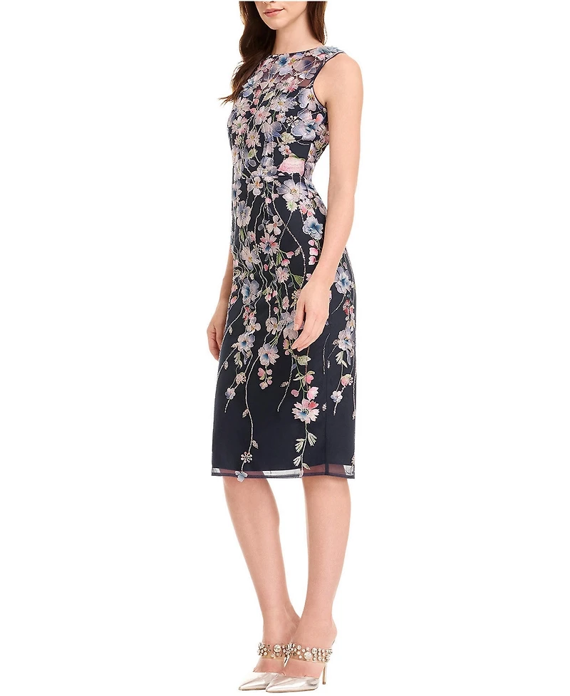 Dress The Population Women's Claudette Sleeveless Floral Embroidered Sheath Midi Dress