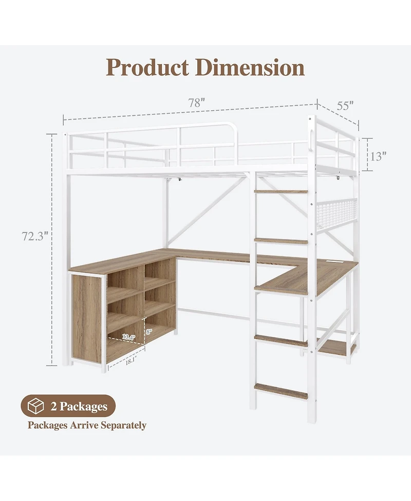 homfan Loft Bed with Metal Frame Large Desk Surface, Open Baskets, Pc Stand, Elevated, Durable, Sturdy, Compact Bed for Rooms
