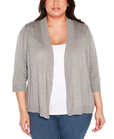 Belldini Plus Pointelle 3/4-Sleeve Open-Front Blend Cardigan