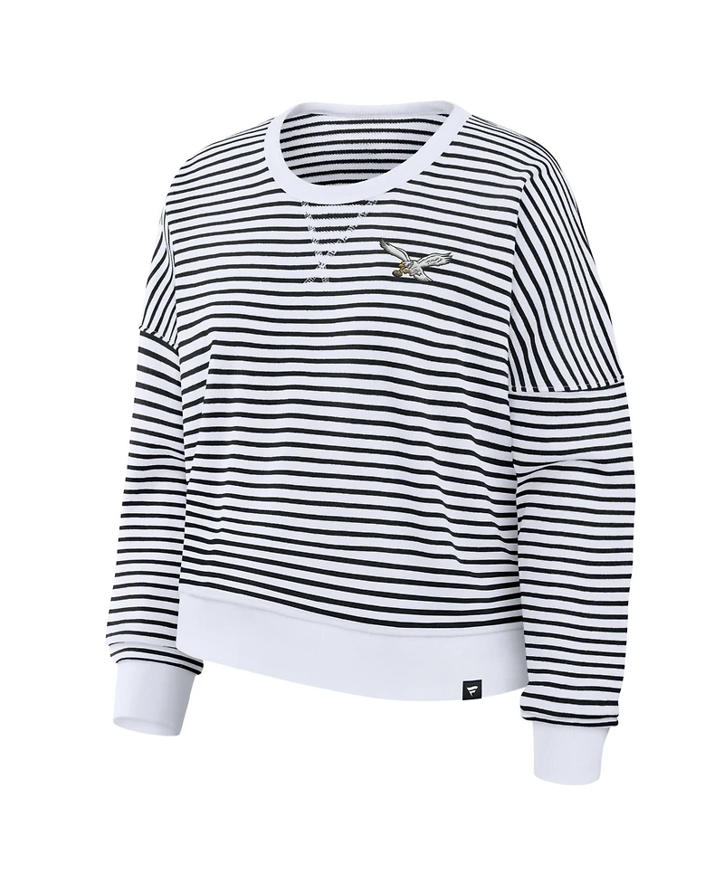Fanatics Women's White/Black Philadelphia Eagles Striped Oversized French Terry Sweatshirt