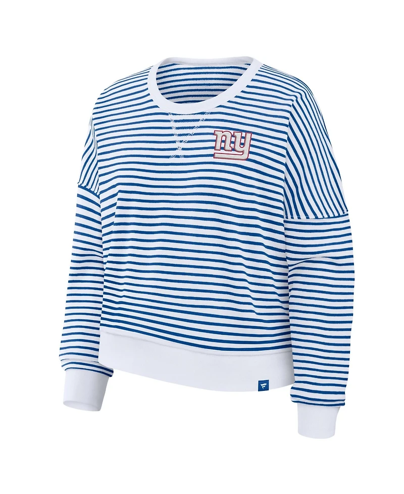 Fanatics Women's White/Royal New York Giants Striped Oversized French Terry Sweatshirt