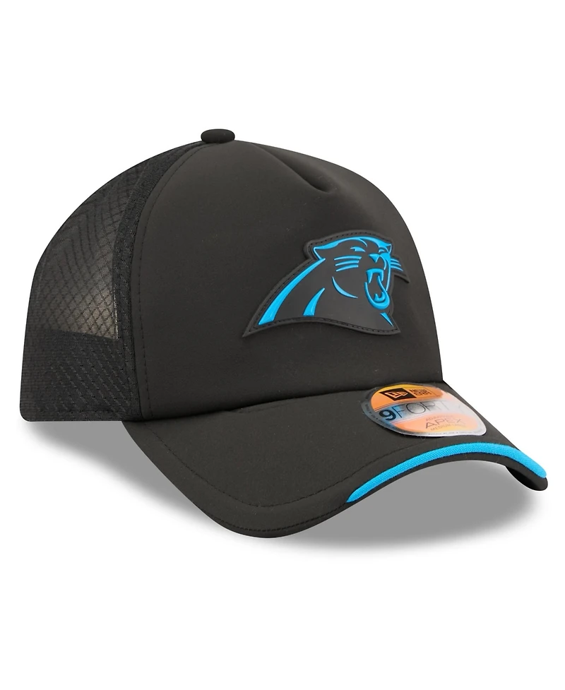 New Era Men's Black Carolina Panthers 2026 Sideline Apex 9FORTY Adjustable Trucker Hat