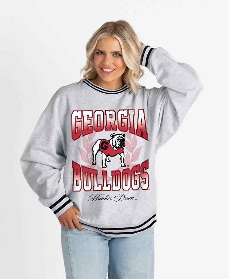 Gameday Couture Women's Ash Georgia Bulldogs Oversized Fade Route Ringer Stripe Sweatshirt