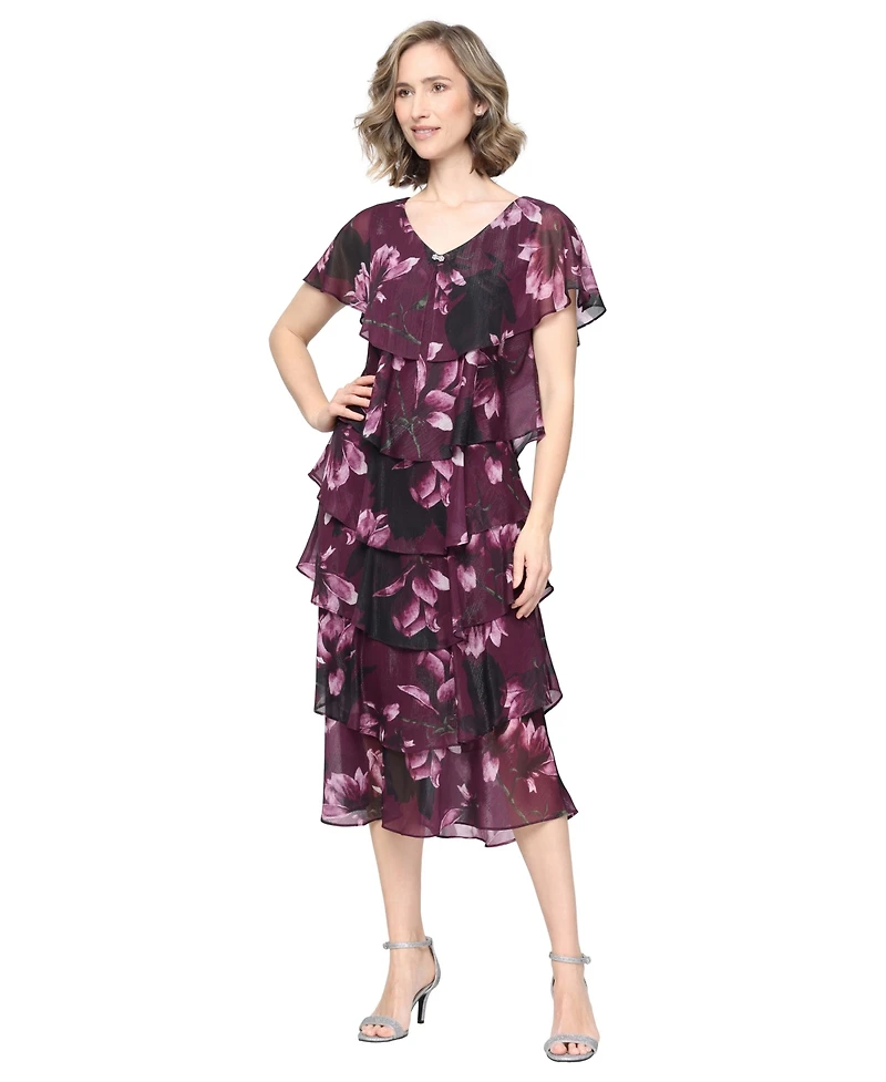 Sl Fashions Women's Floral-Print Tiered V-Neck Dress