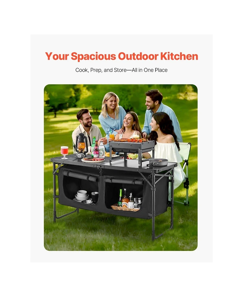 Sugift Folding Aluminum Camping Kitchen Table with 3 Adjustable Heights Windscreen and Storage