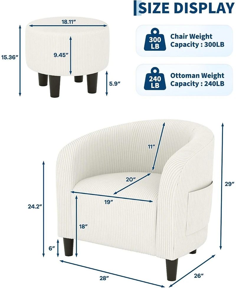 gaomon Corduroy Barrel Sofa Chair, Accent Chair with Ottoman for Bedroom, Small Space