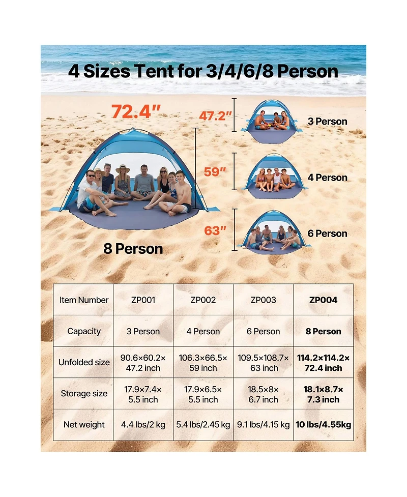 Sugift Upf 50+ Beach Tent Sun Shelter for 8 People with Rolling Mesh Curtains and Sand Pockets