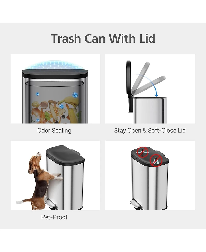 gaomon 13.2 Gal Step Stainless Steel Trash Can with Soft-Close Lid and Removable Inner Basket