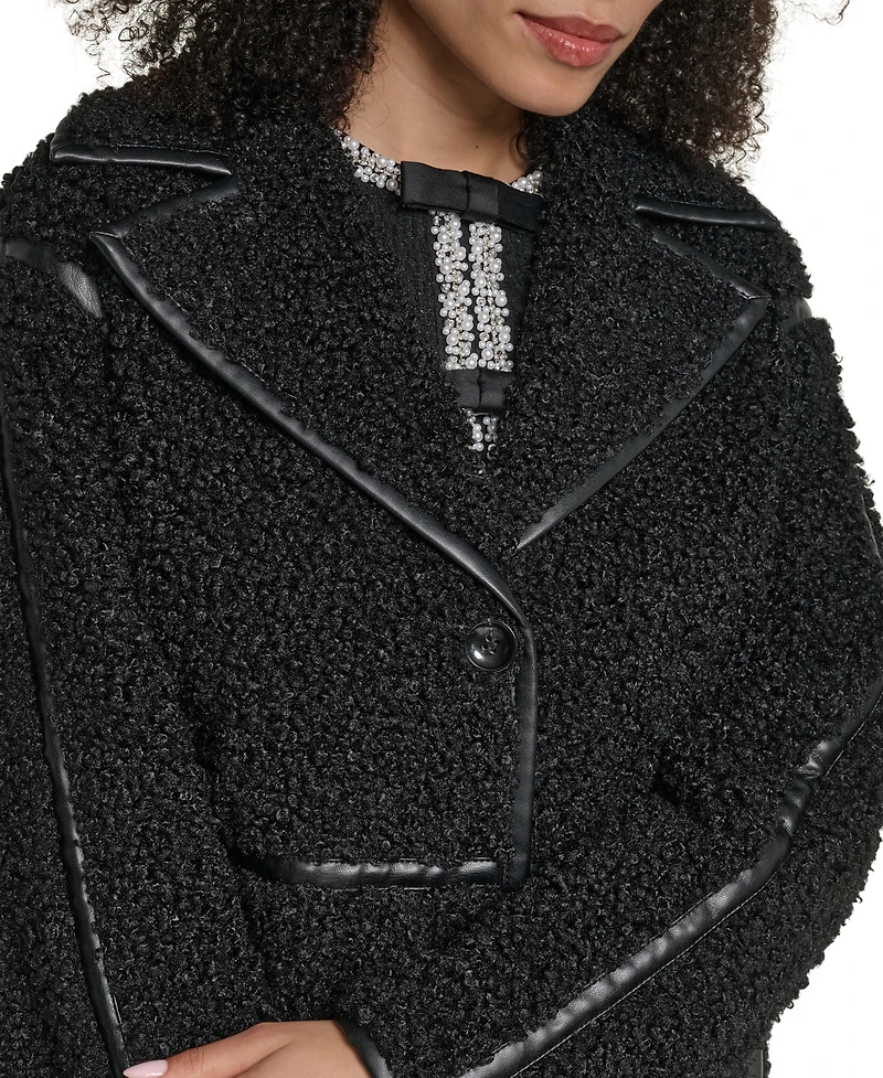 Karl Lagerfeld Paris Women's Faux-Leather-Trim Teddy Coat
