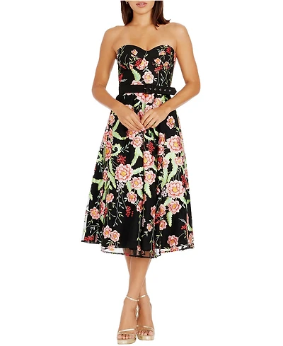 Dress The Population Women's Mabel Strapless Sweetheart Floral Midi Dress