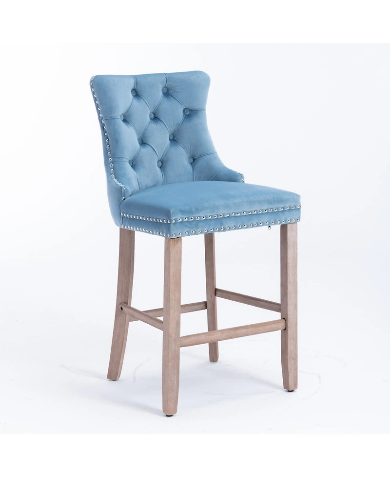 Flynama Set of 2 Mid-Century Bar Stools with High Back and Nailhead Trim, Solid Wood Legs