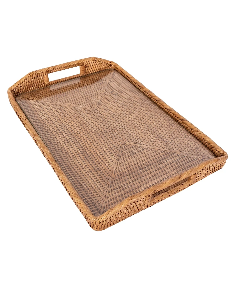 Artifacts Trading Company Rattan 14-Inch Rectangular Tray with Glass Insert