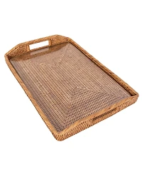 Artifacts Trading Company Rattan 14-Inch Rectangular Tray with Glass Insert