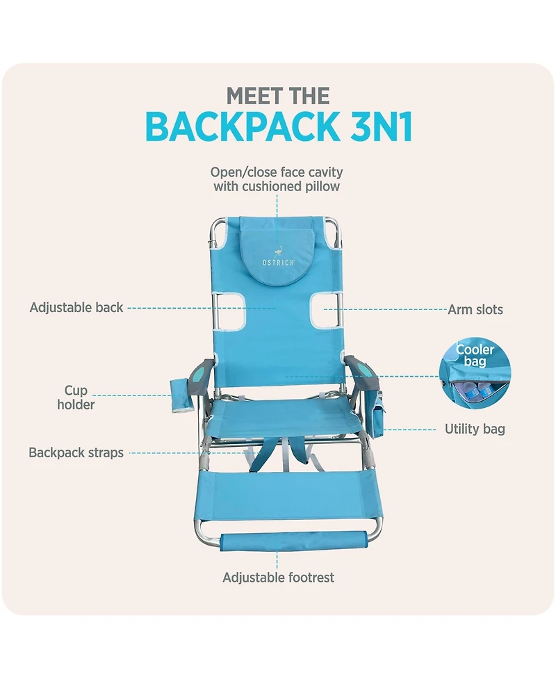 Ostrich The Backpack 3N1 Portable Chair Cooler Bag and Reclining Lounger, Lt Blue