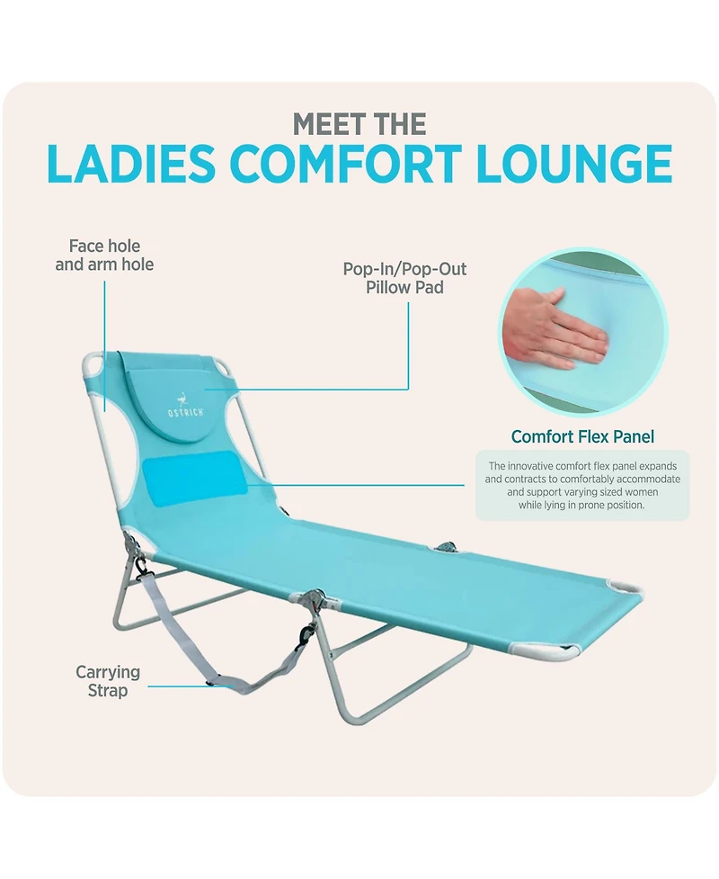 Ostrich The Ladies Comfort Lounger, Foldable Beach Pool Tanning Chair, Aqua