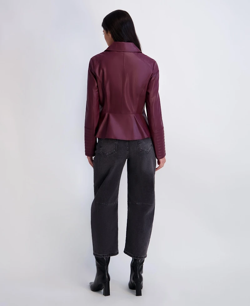 Kensie Women's Faux Leather Moto Jacket With Peplum Hem And Quilted Sleeve Detail
