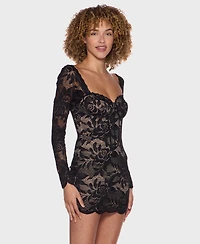 Alex & Sophia Juniors' Lace Corset Bodice Sheer Long-Sleeve Dress