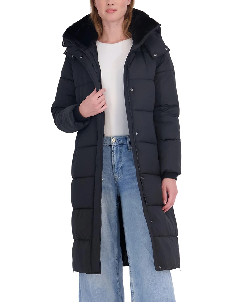 Sebby Collection Women's Long Hooded Faux Fur Trimmed Puffer Coat