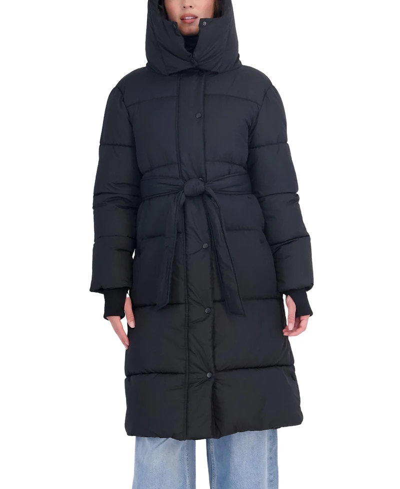 Sebby Collection Women's Long Hooded Belted Puffer Coat