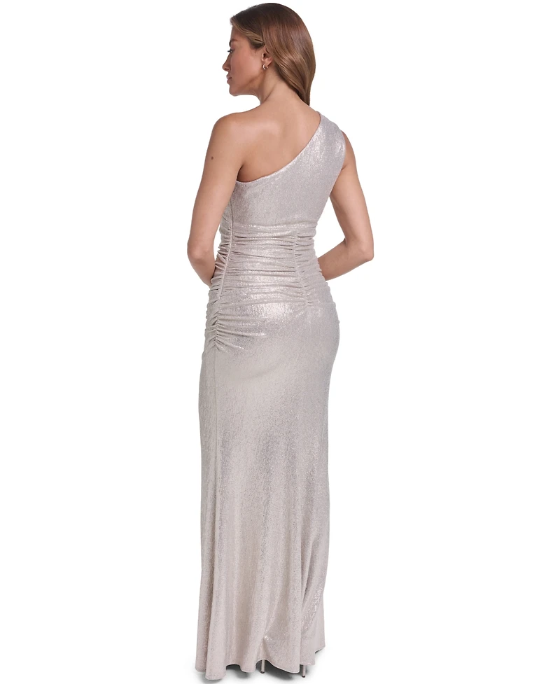 Eliza J Women's One-Shoulder Midriff Rouched Metallic Gown