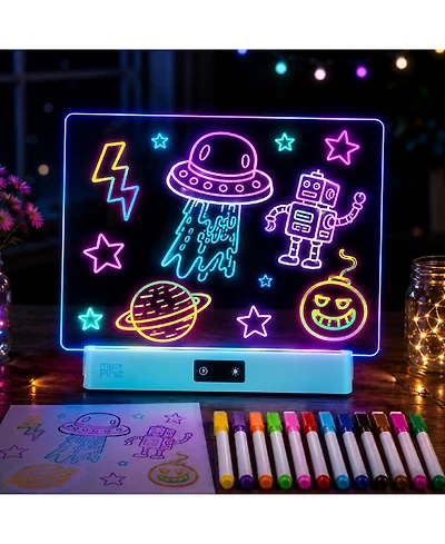 myFirst Sketch Clear 16 Led Luminous Acrylic Kids drawing board, Free 12 Fluorescent Marker, Up to 15H, 8 Color Led light