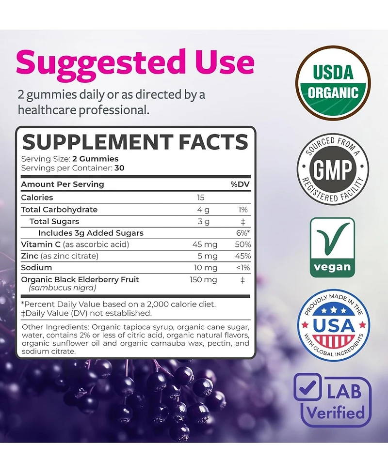 Pure Co Elderberry Gummies, Elderberry with Vitamin C and Zinc, 60 Gummies