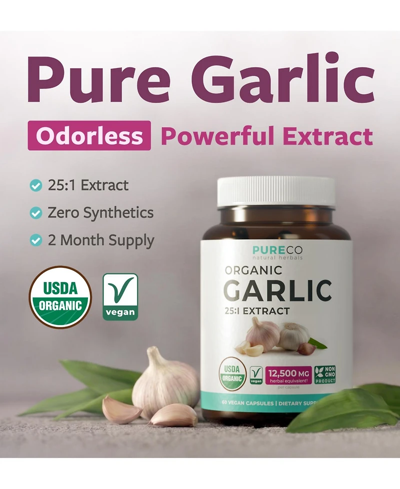 Pure Co Garlic Extract Capsules, 25:1 Garlic Extract, 12,500 Milligram Herbal Equivalent, 60 Capsules