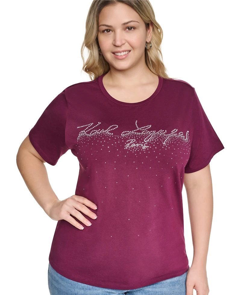 Karl Lagerfeld Paris Plus Sparkle Klp Logo Short-Sleeve Cotton-Blend T-Shirt