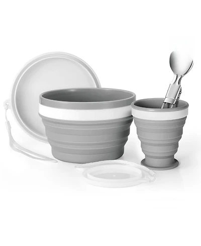 Piscifun Collapsible Silicone Cup Bowl Set Portable Camping Mess Kit With Stainless Steel Spork Lid For Hiking Travel