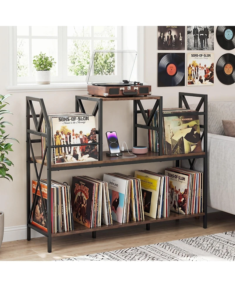 Gymax Record Player Stand with Power Outlets Turntable Stand with Vinyl Storage Dividers
