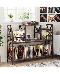 Gymax Record Player Stand with Power Outlets Turntable Stand with Vinyl Storage Dividers