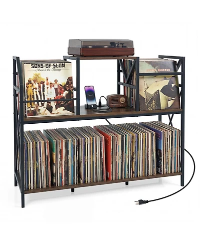 Gymax Record Player Stand with Power Outlets Turntable Stand with Vinyl Storage Dividers