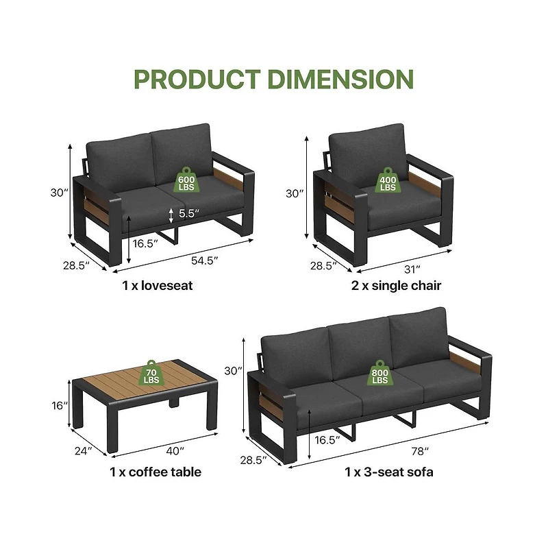 Aoxun Outdoor Patio Conversation Set Durable Aluminum Sofas, Plush Cushions, Wood Texture Table Weatherproof
