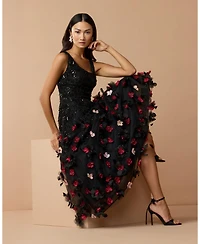 Mac Duggal Petite Black Sleeveless Beaded Midi Dress With 3D Flowers