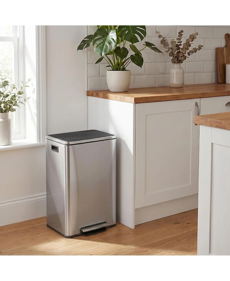 SongmicsHome 50L Rubbish Bin, Stainless Steel Pedal Bin with Removable Inner Bucket, Soft Close Lid, for Kitchen
