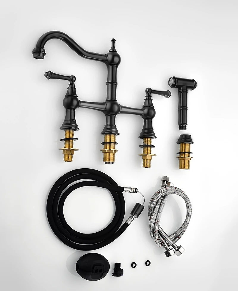 Thirtypeachy Bridge Kitchen Faucet with Dual Handles, High Arc Spout, Pull-Out Side Sprayer and 360degree(s) Swivel