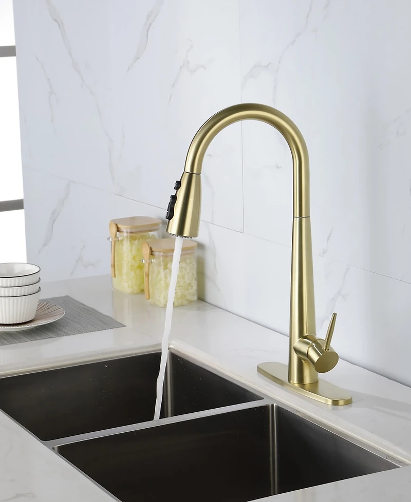 Thirtypeachy Single Handle High Arc Pull-Down Kitchen Faucet, Stainless Steel with 3-Function Sprayer and Deck Plate