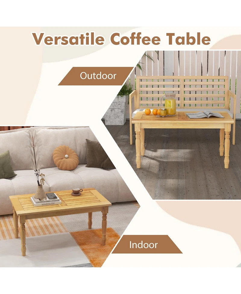 Mecale 35.5 in Teak Coffee Table with Carved Turned Legs