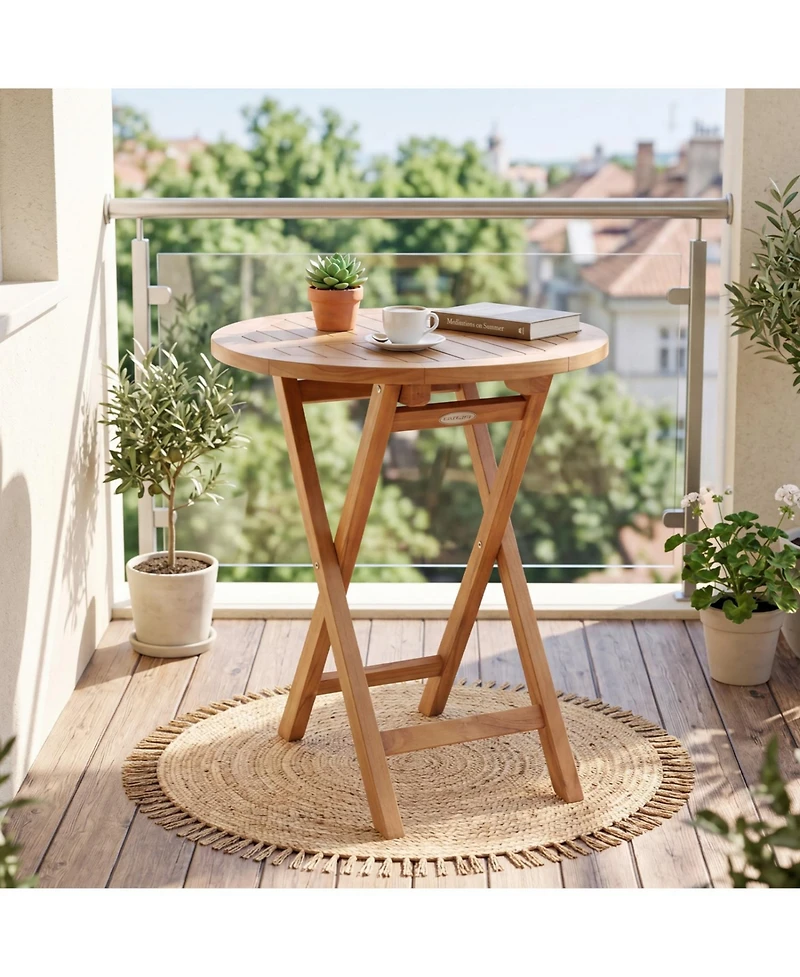 Mecale 24 in Round Solid Teak Folding Bistro Table with Footrest