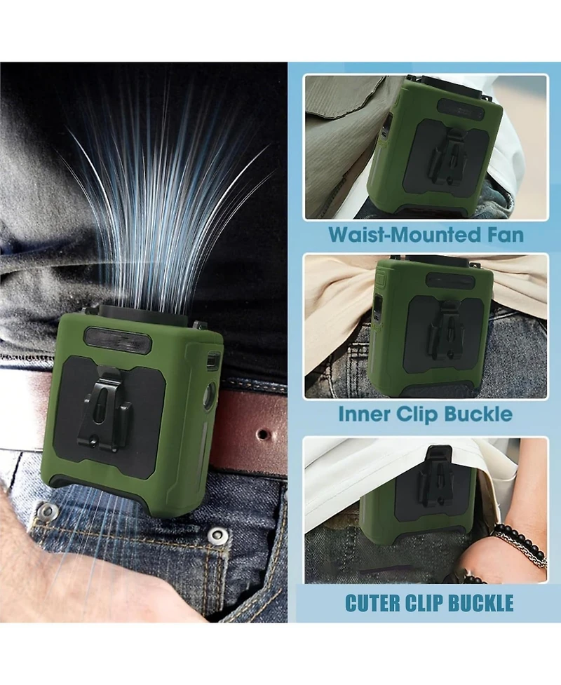 Multifunctional Outdoor Waist Fan with Hanging Hook, Led Light and Rechargeable Battery for Indoor and Outdoor Use, Grey
