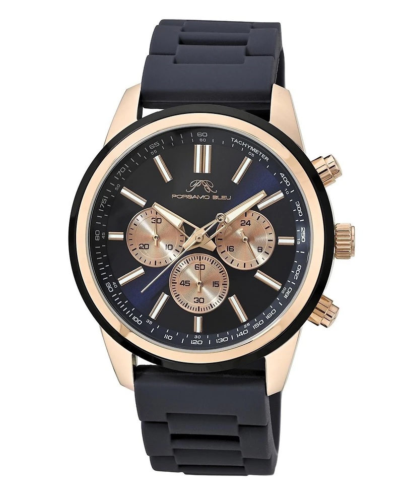 Porsamo Bleu Men's Logan Chronograph Blue Silicone Strap Rose Tone Watch 44 mm