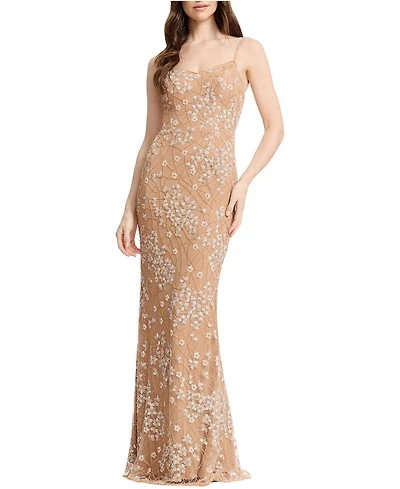 Dress The Population Women's Giovanna Sleeveless Scoop Neck Sequin Beaded Floral Mermaid Gown