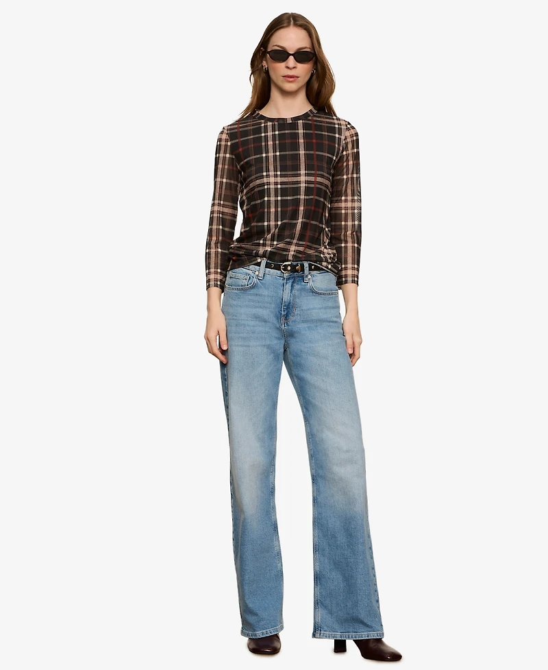 Sanctuary Women's Plaid Mesh 3/4 Sleeve Top