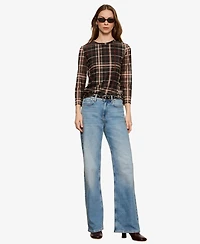 Sanctuary Women's Plaid Mesh 3/4 Sleeve Top