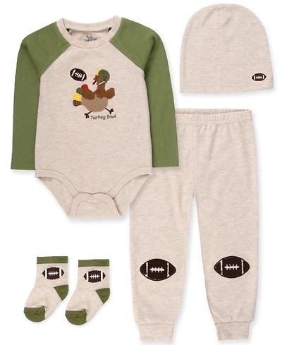 Baby Essentials Boys' Turkey Bowl Long-Sleeve Cotton-Blend Bodysuit, Pants, Hat and Socks, 4-Piece Set