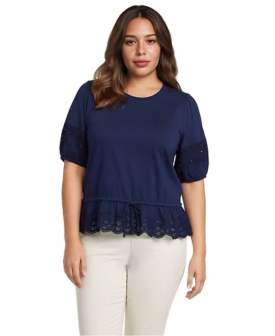 Lands' End Plus Elbow Sleeve Slub Lace Trim Adjustable Hem Top