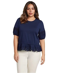 Lands' End Plus Elbow Sleeve Slub Lace Trim Adjustable Hem Top