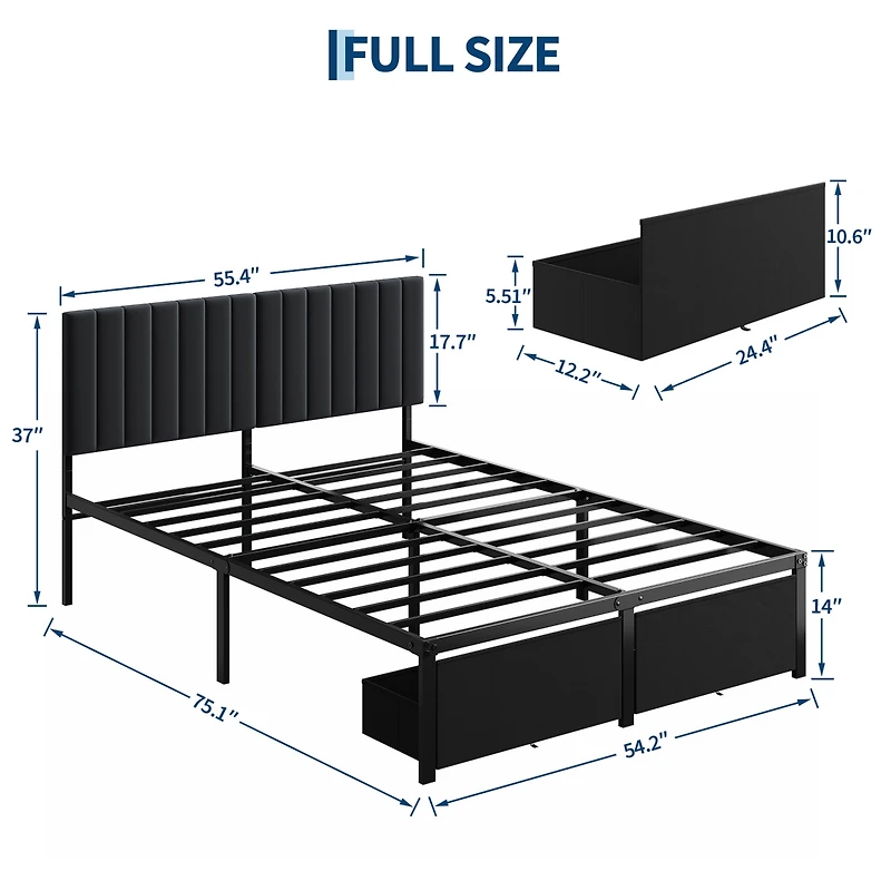 gaomon Modern Bed Frame, Heavy Duty Metal Platform with Upholstered Headboard, Under-bed Storage Drawers